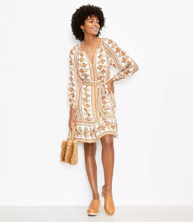 Floral Stripe Split Neck Swing Dress | LOFT