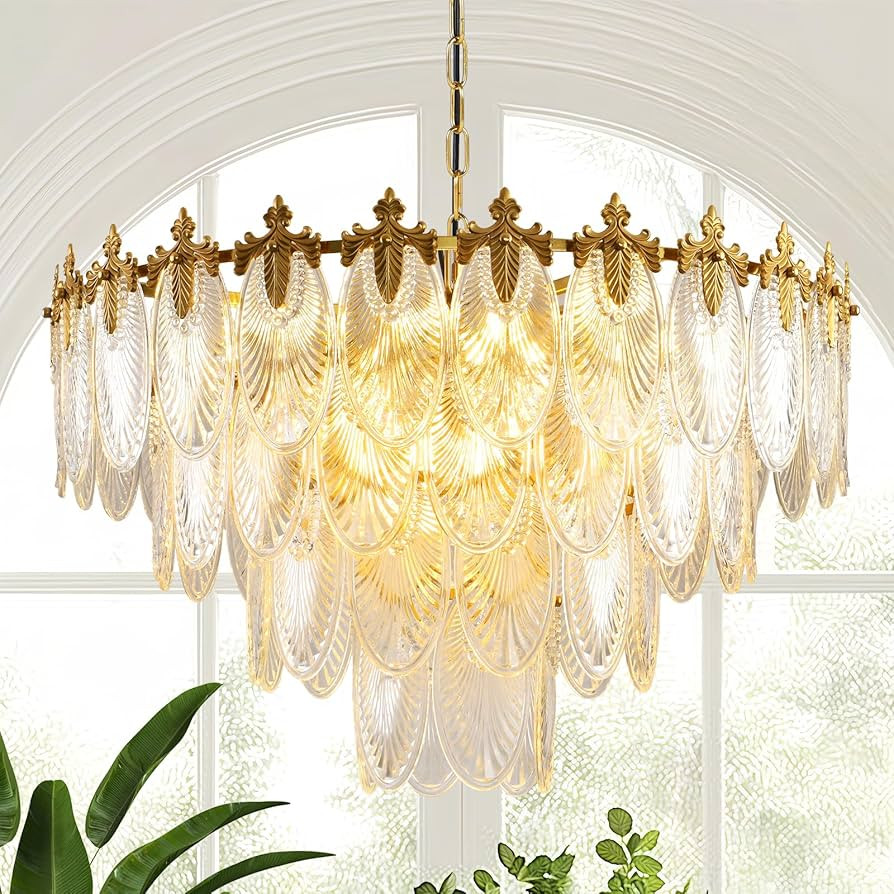 Modern Large Crystal Chandelier, 4-Layer Gold Glass Chandelier, 12 Light Round Antique Ceiling Pe... | Amazon (US)