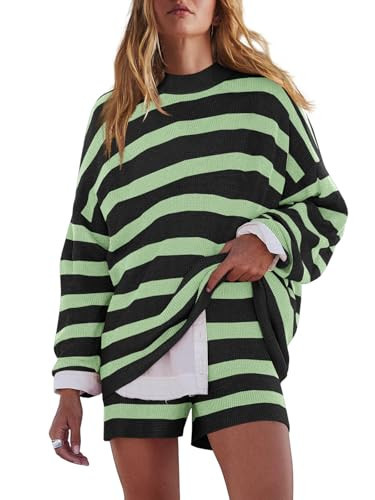 LAMISSCHE Womens Oversized Lounge Sets 2 Piece Outfits Striped Matching Pajama Set Long Sleeve Sweater Set(Black&Green,XL) | Amazon (US)
