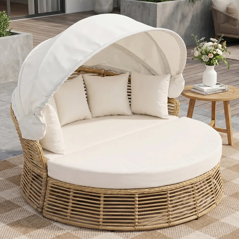 Outdoor Convertible Round Rattan Daybed, Adjustable Canopy With 5 Pillows Patio Sofa | Wayfair North America