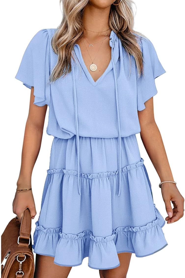 Happy Sailed Womens Long Sleeve V Neck Drawstring Ruffle Tiered Chiffon Mini Short Dresses(S-XL) | Amazon (US)