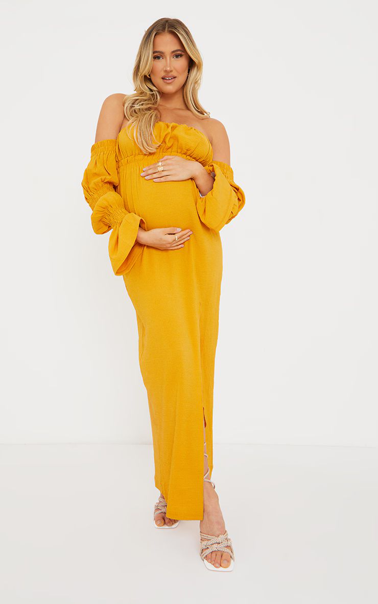 Maternity Yellow Crinkle Bardot Ruched Side Split Maxi Dress | PrettyLittleThing US