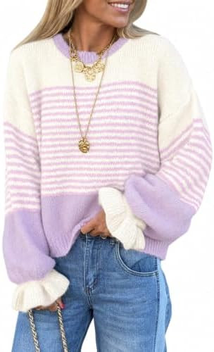 Saodimallsu Womens Striped Ruffle Sleeve Pullover Sweaters 2026 Fall Trendy Slouchy Color Block P... | Amazon (US)