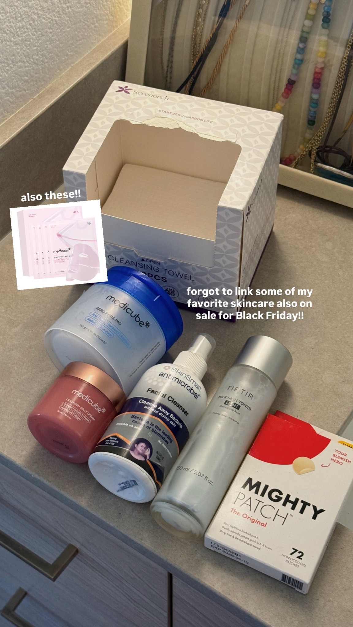 Amazon skincare favorites that are in sale for Black Friday! Listing them down below🫶 @amazon #ad #founditonAmazon #WinterFavorites2025 https://liketk.it/5BBpo

 (I have combination skin & my skin loves these sm)
•Medicube Face Masks
•Medicube Toner Pads 
•Medicube Collagen Gel
•Antimicorbial Spray
•TirTri Milky Toner
•Hero Pimple Patches
•CleanSkinClub Face Towels