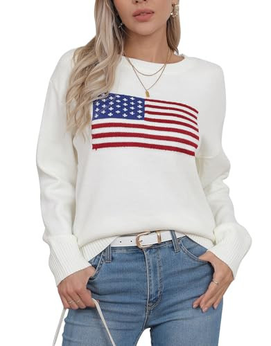 Alsol Lamesa Women’s American Flag Graphic Sweater Patriotic Long Sleeve Pullover Sweaters Crew Neck Knit Tops | Amazon (US)