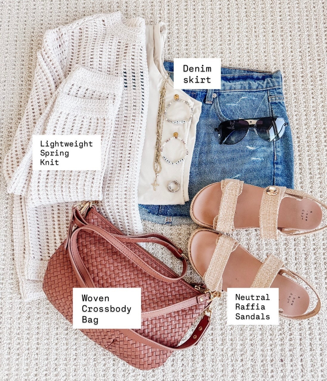 Lightweight spring outfit you can wear on repeat 🤍 This neutral outfit flatlay features a breathable knit sweater, classic denim skirt, woven crossbody bag, and raffia sandals—perfect for everyday spring style, casual outfits, and warm weather layering. Everything is versatile, comfortable, and easy to mix and match for a chic, effortless look. Beach vacation outfits, resort outfit  Follow me on LTK for daily outfit ideas, spring fashion finds, and affordable style inspiration.

#LTKootd #LTKSaleAlert #LTKSeasonal