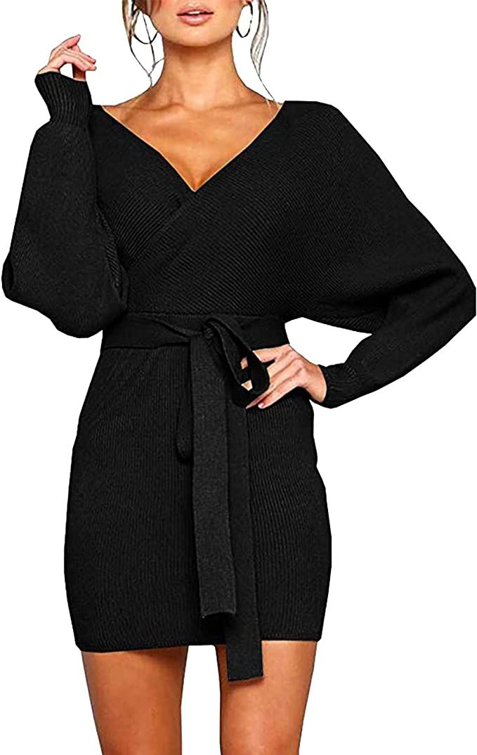 Mansy Women's Sexy Cocktail Batwing Long Sleeve Backless Mock Wrap Knit Sweater Mini Dress | Amazon (US)