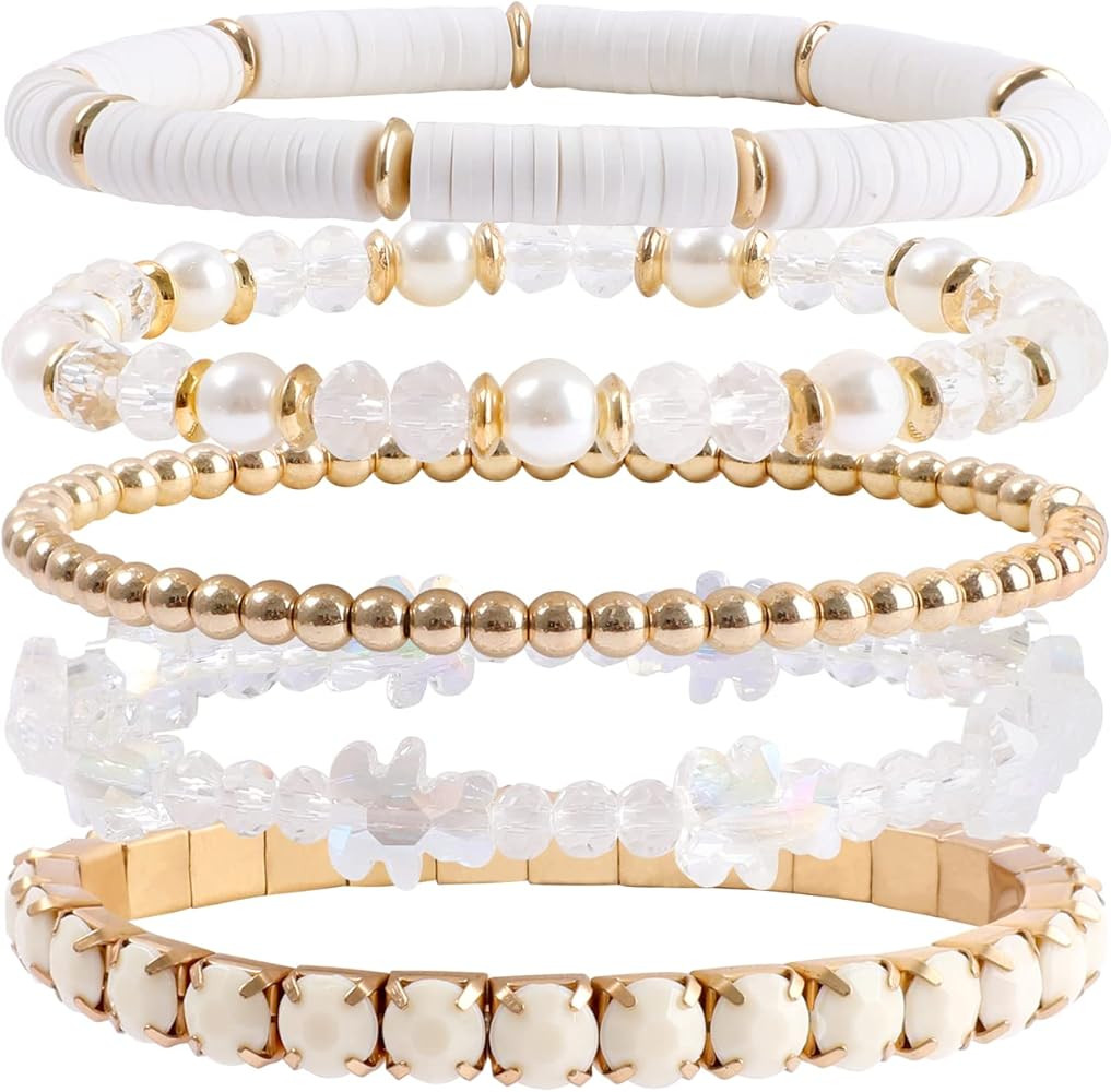 Pink White Preppy Bracelet Clay Beaded Bracelets, Boho Multi-Layer Beaded Crystal Bracelets, Bohe... | Amazon (US)