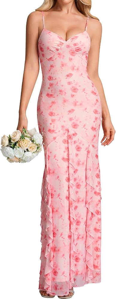URYIAO Summer Floral Wedding Guest Maxi Dresses for Women Formal Ruffle Bodycon V Neck Cocktail L... | Amazon (US)