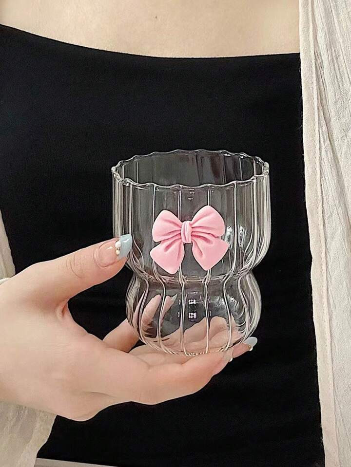 Cute Bowknot Round Glass Tea Cup, Creative High-Value Tea Cup For Women, Vertical Stripe Mug For ... | SHEIN