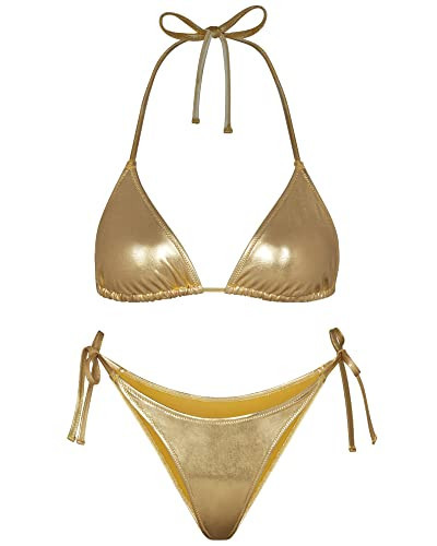 Metallic String Bikini for Women - Sexy Beach Glitter Swimsuits Bathing Suit Triangle Tops Side Tie Thong Bottom Set(Gold,M,1026e) | Amazon (US)