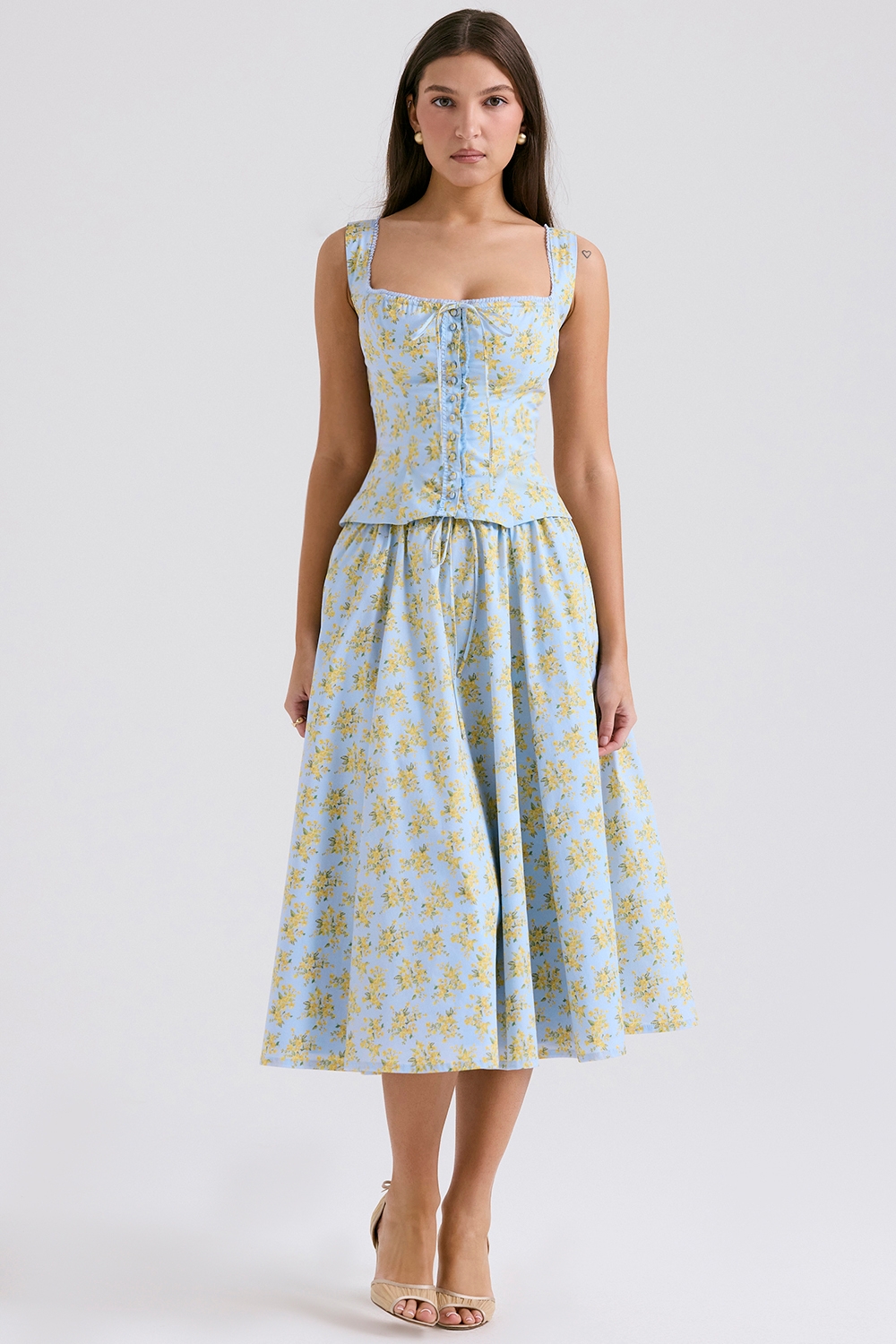 soft blue vintage floral print cotton midi skirt | House of CB
