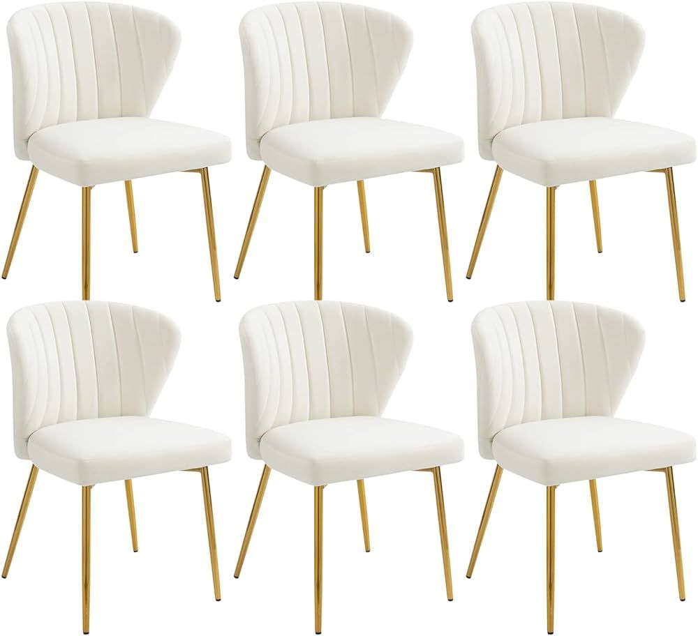 Nrizc Velvet Dining Chairs Set of 6, Modern Dining Chair with Golden Metal Legs, White Upholstere... | Amazon (US)
