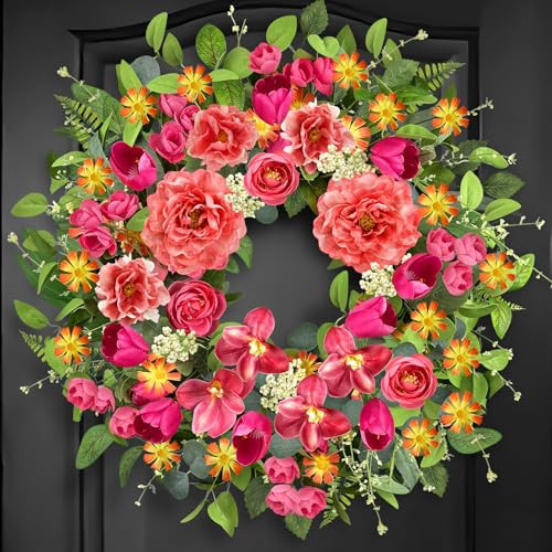 ICX 24 Inch Spring Wreaths for Front Door, Large Spring & Summer Outdoor Door Wreath with Pink Peony and Orchid, Floral Wreath for Farmhouse Wall Porch Window Home Decor | Amazon (US)