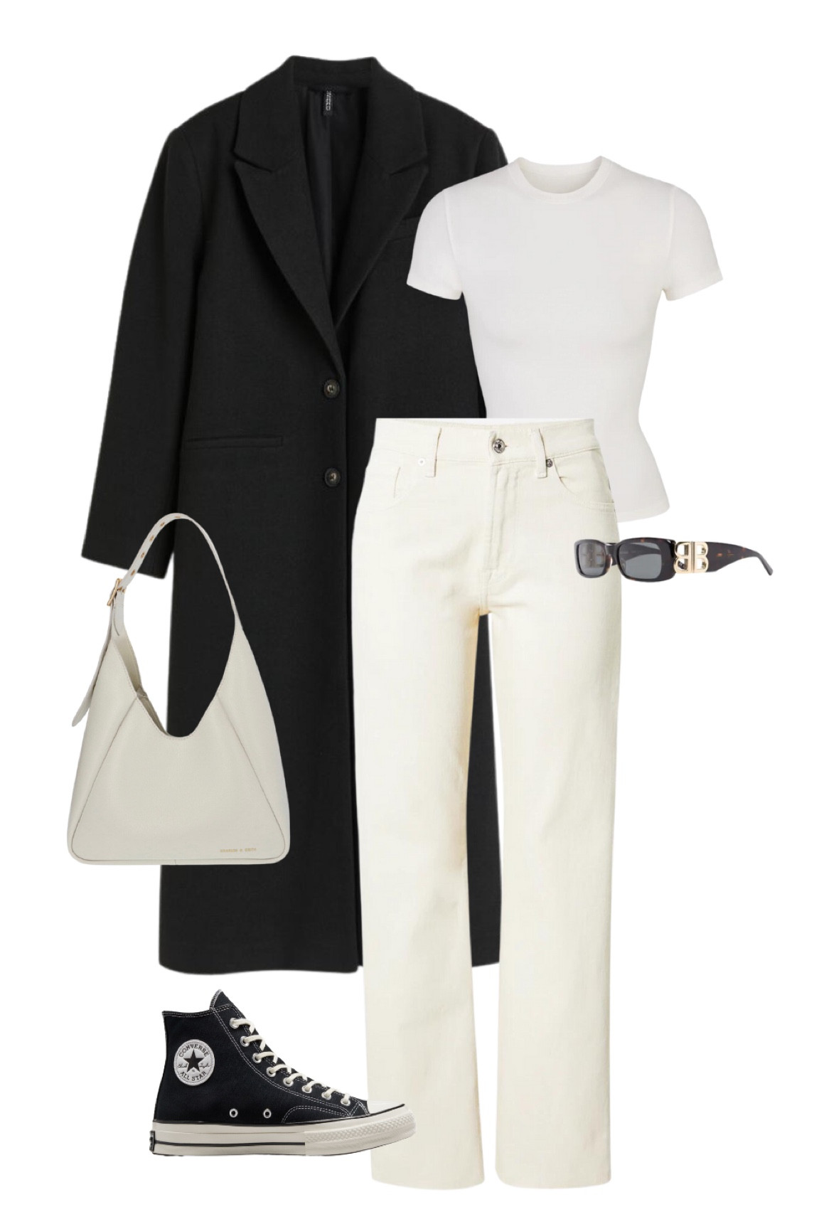 Elegant fall outfit inspiration: a black coat, white skims tee, cream trousers, a beige handbag & converse sneakers with black sunnies.

#LTKfindsunder100 #LTKstyletip #LTKitbag