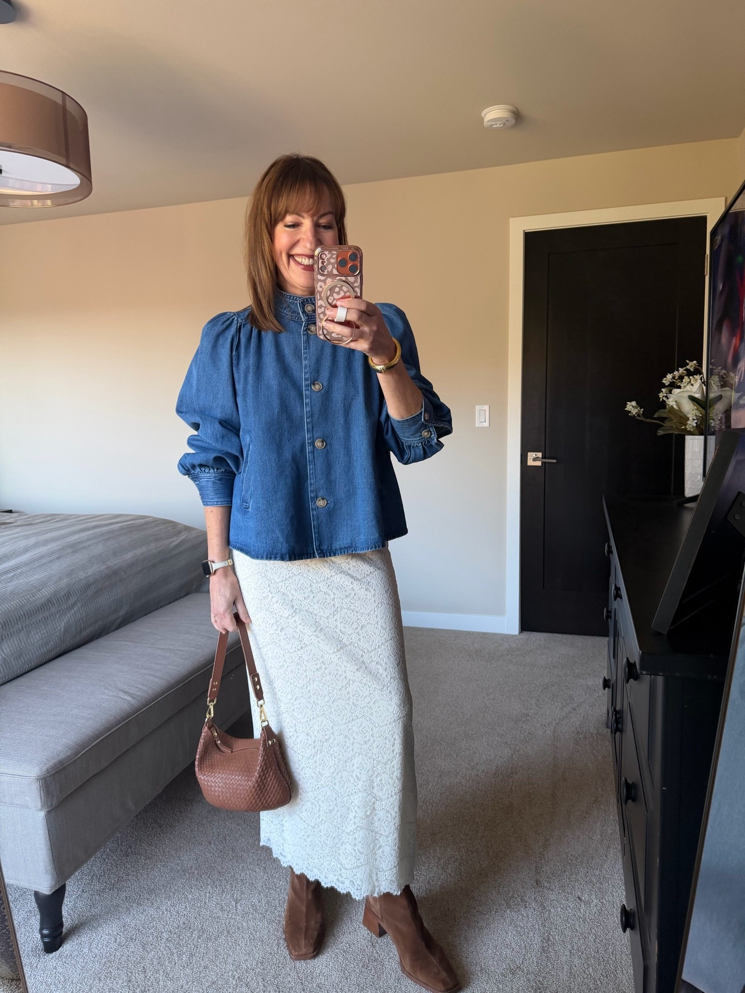 Outfit of the day for church! Two favorites from last year are still in stock! This funnel neck denim jacket (that I wear more as a shirt) is less than $40.00 and my cognac sock booties! The booties are a splurge, but I wore them almost every day. They go with everything! I also linked similar lace maxi skirts. Happy Sunday! 

@Quince @zsupplyclothing H&M, denim jacket, funnel neck jacket, lace skirt, brown booties, sock booties