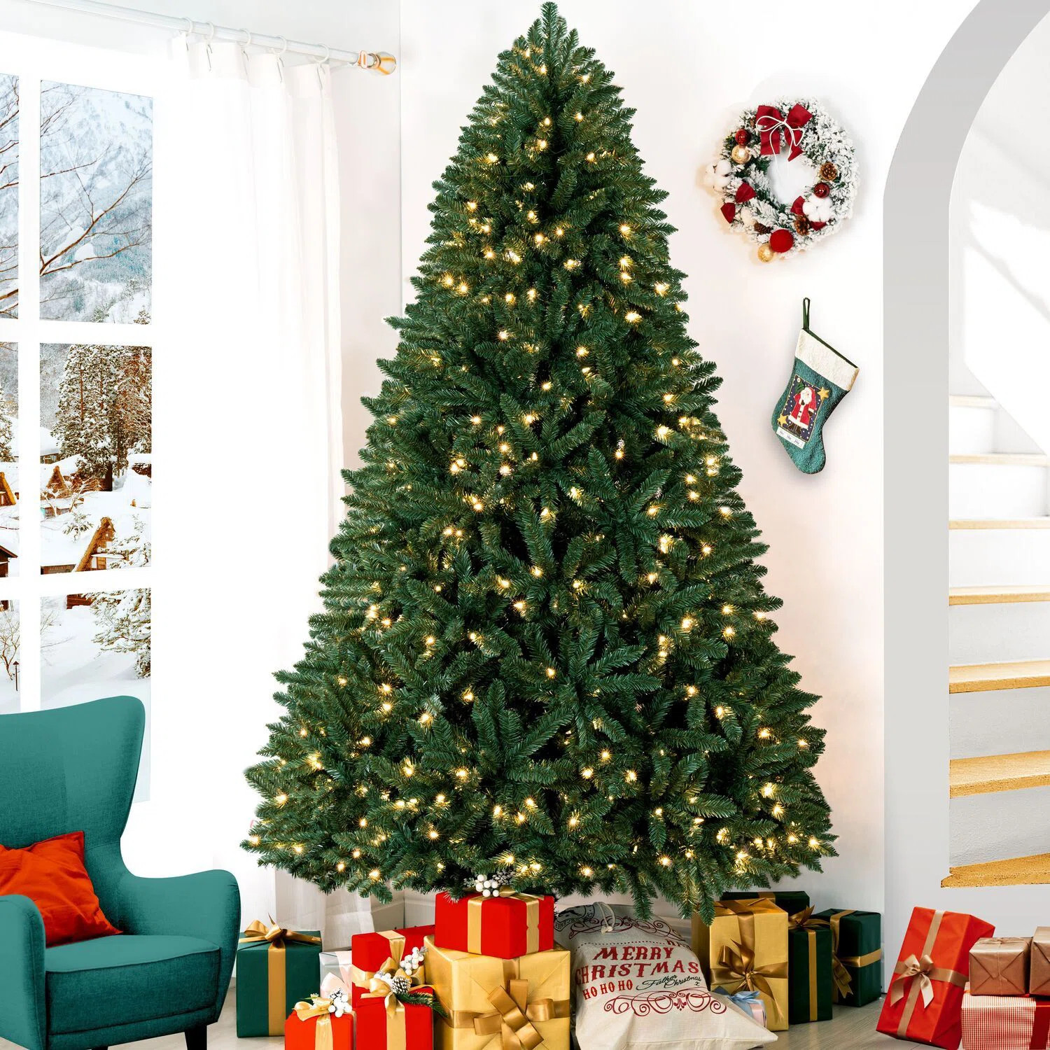 Prelit Artificial Spruce Christmas Tree – 4.5ft–7.5ft Tree with 550 Lights, Foot Pedal, Stand | Wayfair North America