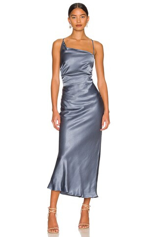 Shona Joy La Lune Asymmetrical Bias Cowl Midi Dress in Blue Smoke from Revolve.com | Revolve Clothing (Global)