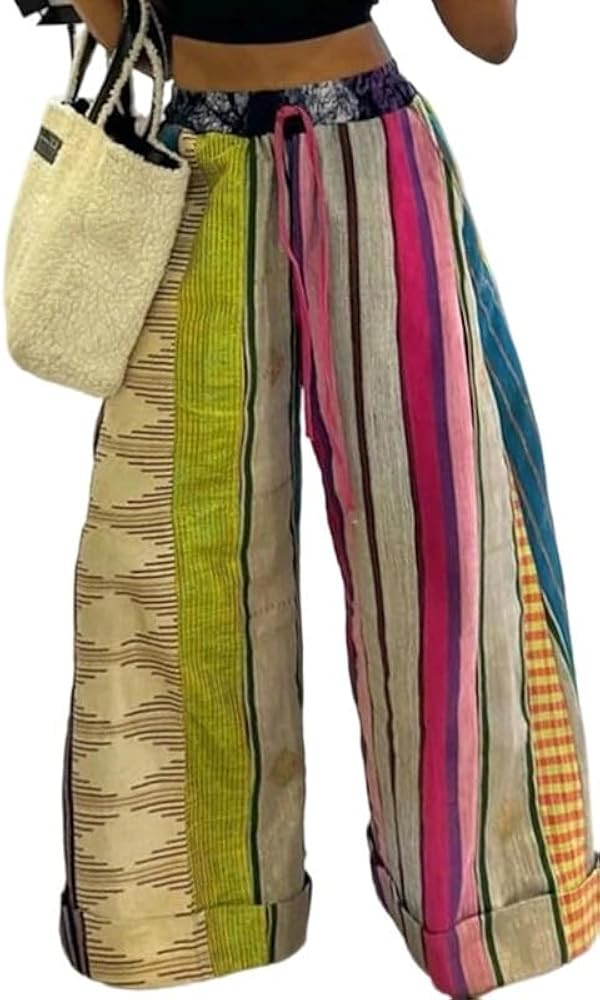 UOOZEE Women's Boho Patchwork Wide Leg Pants Colorful High Waisted Drawstring Palazzo Trousers Su... | Amazon (US)