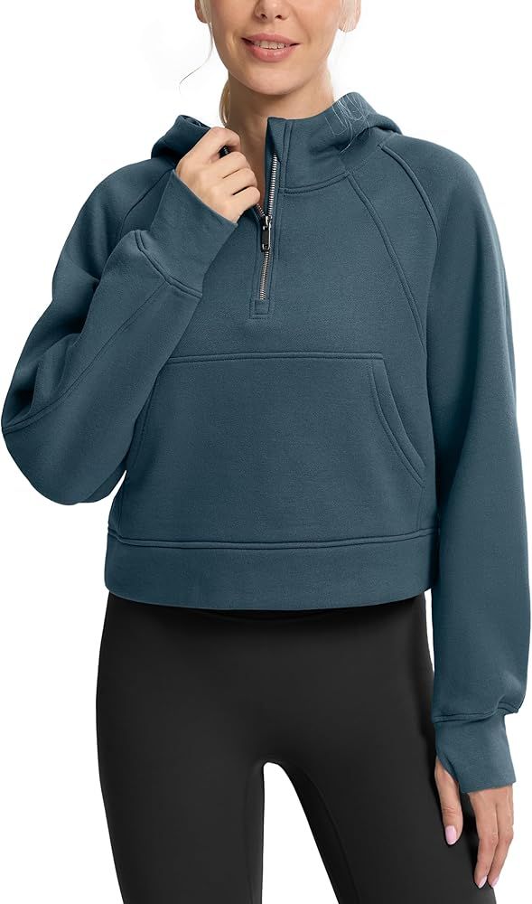 SANTINY Women's Fleece Cropped Hoodies Half Zip Lined Pullover Sweatshirt Athletic Workout Hoodie... | Amazon (US)