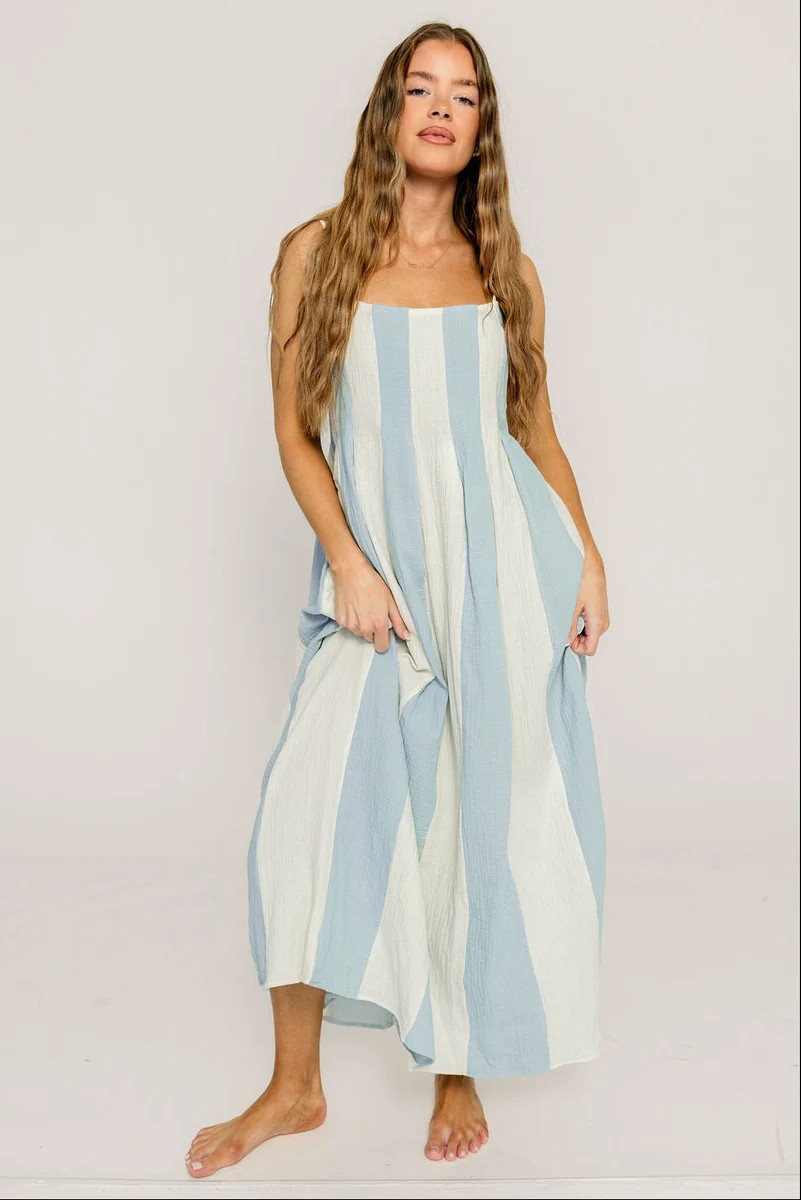 Tristan 100% Cotton Spaghetti Strap Maxi Dress in Cream Light Blue | Worth Collective