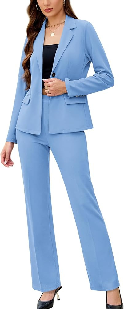 Women's 2 Piece Suits Business Casual Outfits Long Sleeve Solid Blazer with Pants Professional Of... | Amazon (US)
