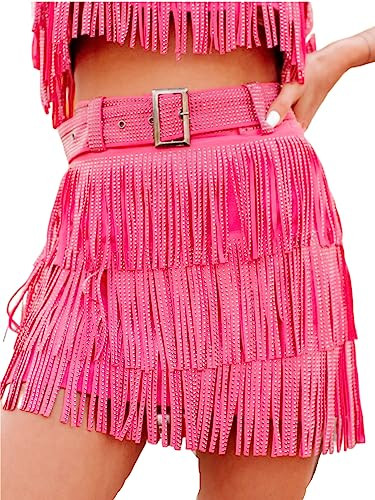 Yinawsky Womens High Waist Rhinestone Fringe Skirt Elastic Waistband Mini Dress Westem Tassel Skirt with Belt(0054-HotPink-XL) | Amazon (US)