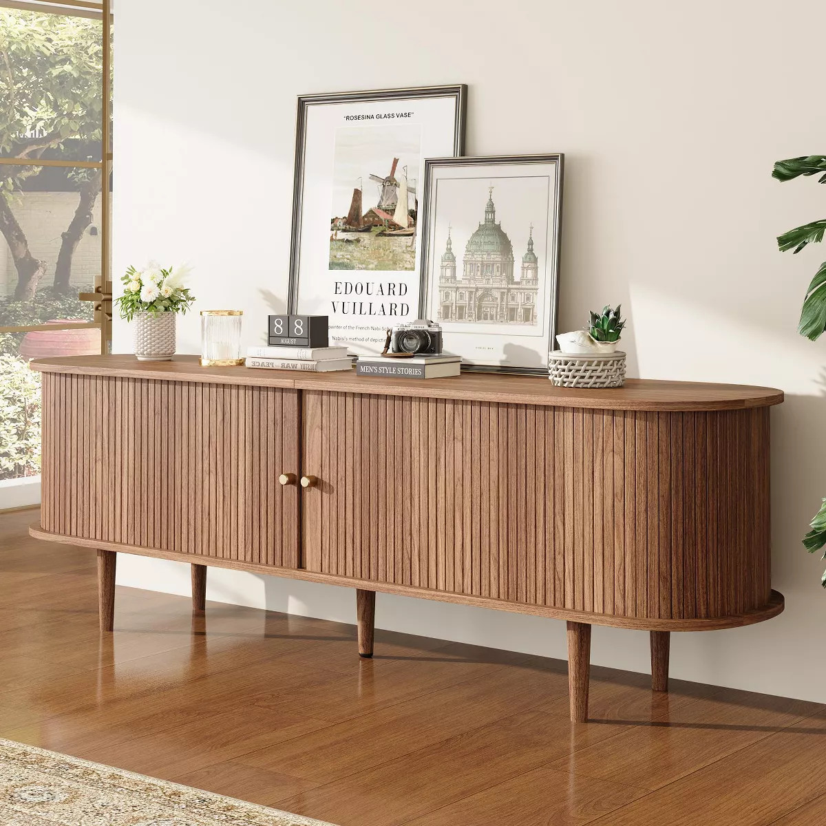 AMERLIFE 70" Fluted TV Stand with Storage, Mid Century Media Console for TVs up to 80", Walnut | Target