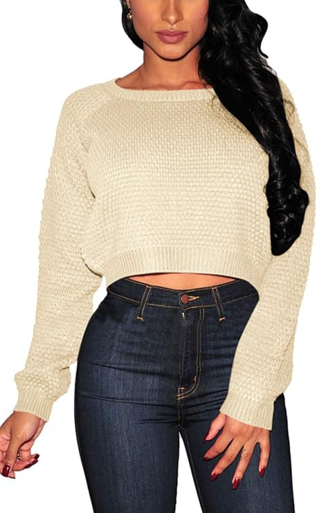 Pink Queen Crop Sweaters for Women Trendy Crew Neck Long Sleeve Fall Ribbed Pullover Cropped Knit... | Amazon (US)