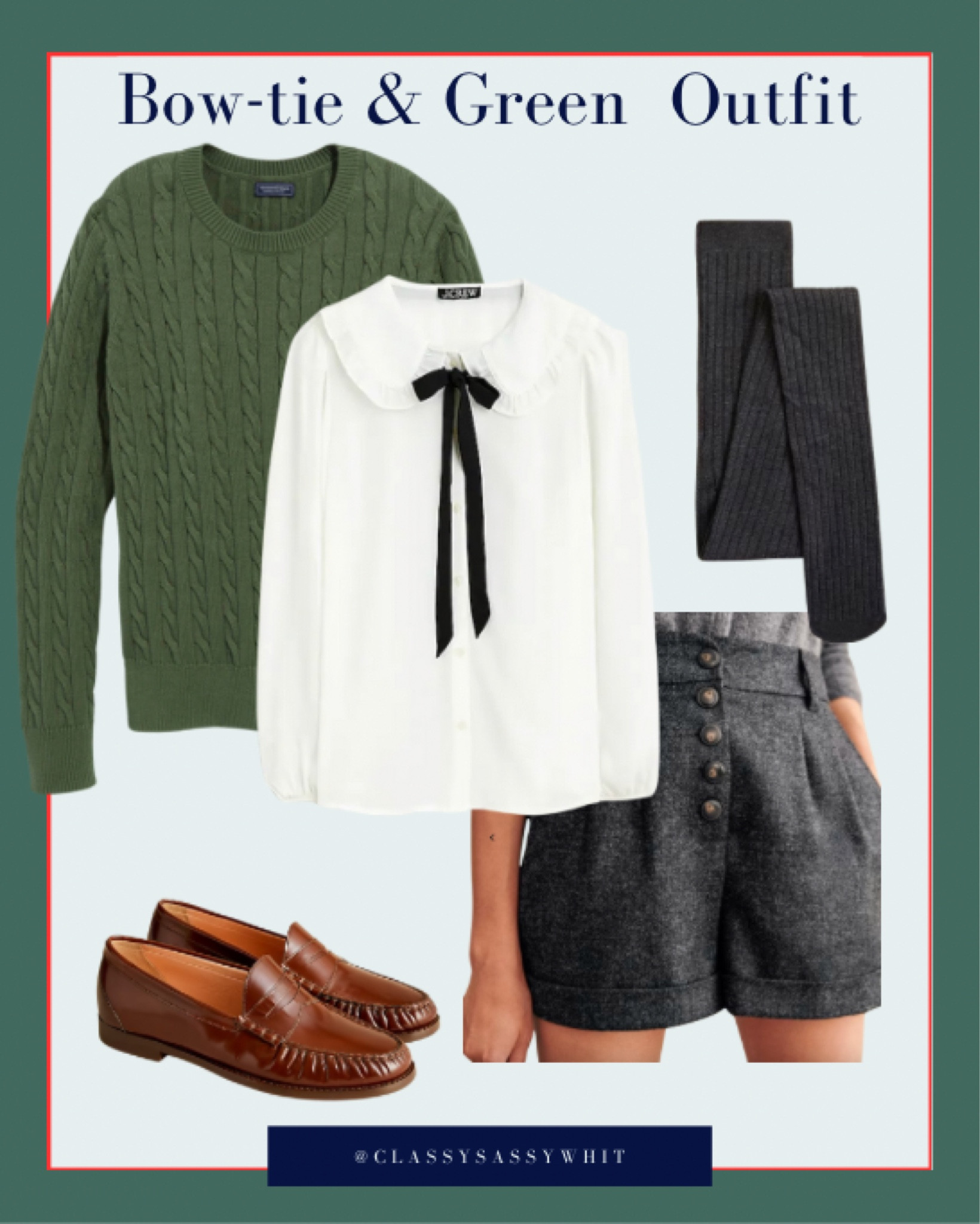 Classic bow tie blouse with a green cable knit sweater & wool shorts for a classic old money preppy aesthetic 