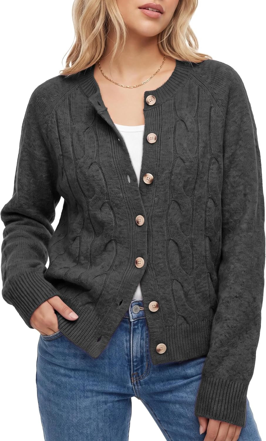 Womens Cable Knit Cardigan Crewneck Button Up Sweater | Amazon (US)