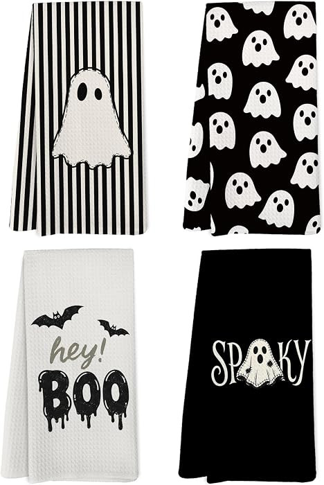 Black and White Halloween Ghost Kitchen Dish Towels, Halloween Bathroom Decor, Neutral Gothic Spooky Cute Ghost Hey Boo Hand Towels for Bathroom Kitchen Decor, 16x24in Set of 4 | Amazon (US)