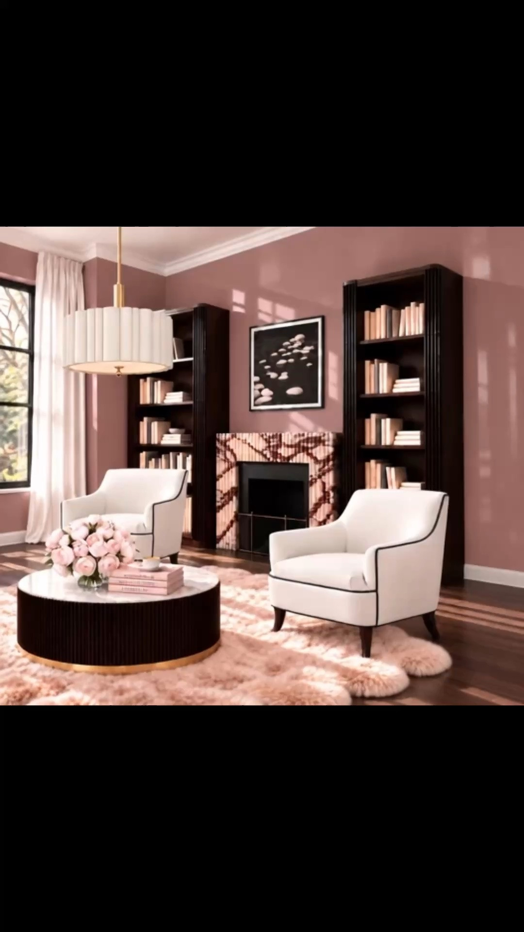 Monday morning coffee in a living room that feels ready for the gathering season. ✨ The lounge chairs are my favorite part of this setting. Their curved shape invites you to settle in, while the contrasting piping traces the silhouette and gives the soft upholstery a beautiful, tailored finish.

The fluted fireplace adds architectural texture, and the pleated chandelier brings softness overhead. At the center, the round coffee table pairs a richly fluted wood base with a light stone top and a slim brass detail. The reeded bookcases frame the fireplace with height and warmth, while the plush sheepskin rug makes the seating area feel especially comfortable as the weather cools.

Decorative books, an espresso, and blush flowers give the table a relaxed, collected feel. The artwork adds contrast above the mantel, and the white silk drape keeps the glossy mauve walls and mocha walnut flooring feeling light and balanced. It’s a place for a quiet morning now and good company later in the season.

Arhaus up to 50% off is ending soon—a beautiful opportunity to refresh your living room and lounge area for gathering season.

#MondayMood #LivingRoom #LoungeArea #HomeLibrary #HomeOffice #LoungeChair #AccentChair #CoffeeTable #FlutedCoffeeTable #Bookcase #FlutedBookcase #Chandelier #PendantLight #SheepskinRug #AreaRug #Fireplace #FireplaceMantel #Art #WallArt #Drape #Curtain #FlowerArrangement #DecorativeBooks #CoffeeTableBooks #HomeDecor #ModernClassic #ModernChic #InteriorInspiration #GatheringSeason #LTKSeasonal #LTKHome #LTKSaleAlert

#LTKSeasonal #LTKHome #LTKSaleAlert