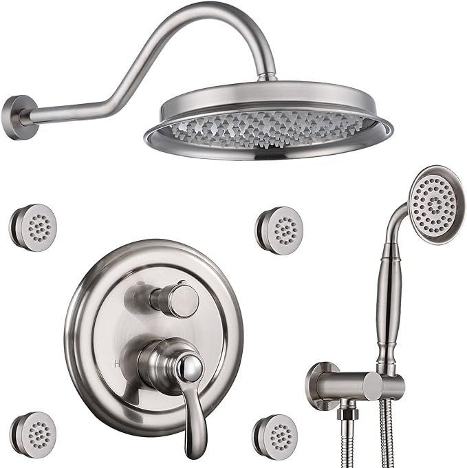 Brushed Nickel Rain Shower System - Antique Faucet Set Complete Wall Mounted 9" Rainfall Head wit... | Amazon (US)