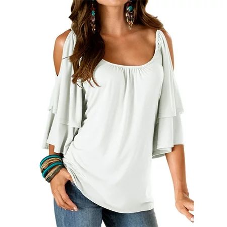 Cold Shoulder Tops for Women Double Layer Ruffled Pleated T Shirts Casual Tunic T-Shirts Tops Summer | Walmart (US)