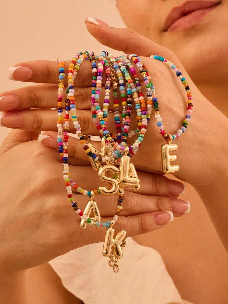 Women's Colorful Letter Necklace, Handmade Beaded Bubble Necklace, Bohemian Style Beach Necklace | SHEIN