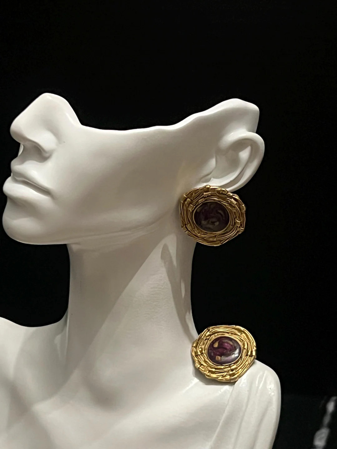 Vintage 1980s Gold Tone Swirl Earrings with Marbled Enamel Centers | Pierced Retro Statement Jewe... | Etsy (US)