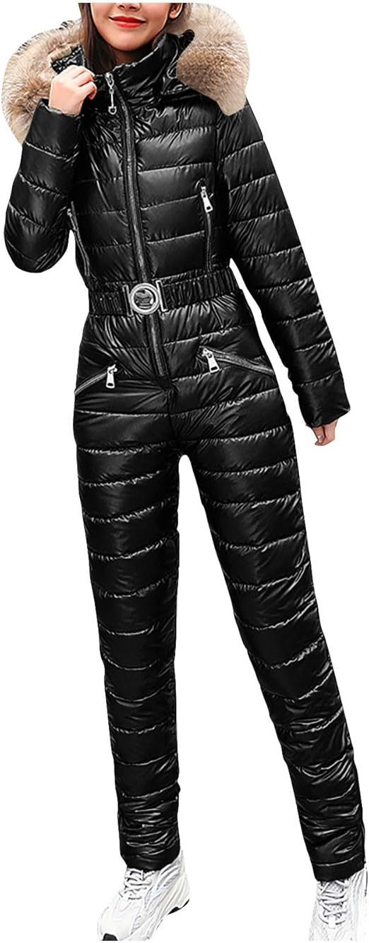 Women Metallic Ski Suit Jumpsuit, Winter Hooded Fur Collar Onesies Outdoor Sports Warm Windproof ... | Amazon (US)