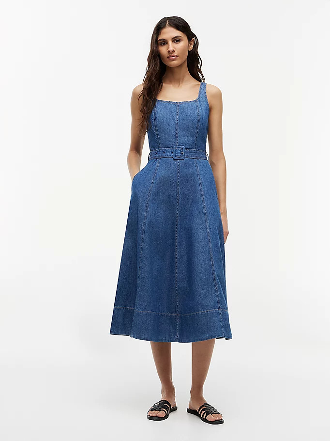 Belted Denim Fit And Flare Midi Dress | Tommy Hilfiger UK