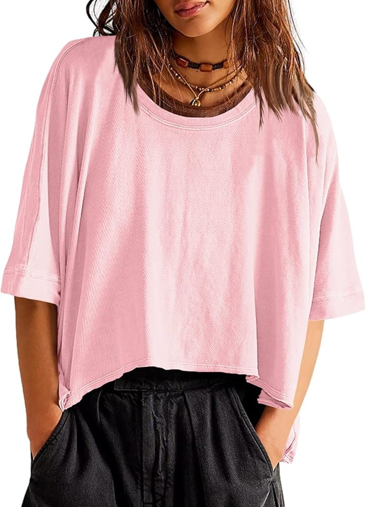 Tankaneo Womens Oversized T-Shirts Cropped Summer Casual Short Sleeve Loose Fit Tee Tops | Amazon (US)