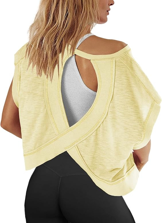Panadila Womens Open Back Workout Top Oversized Workout T Shirts Backless Athletic Shirt Short Sl... | Amazon (US)