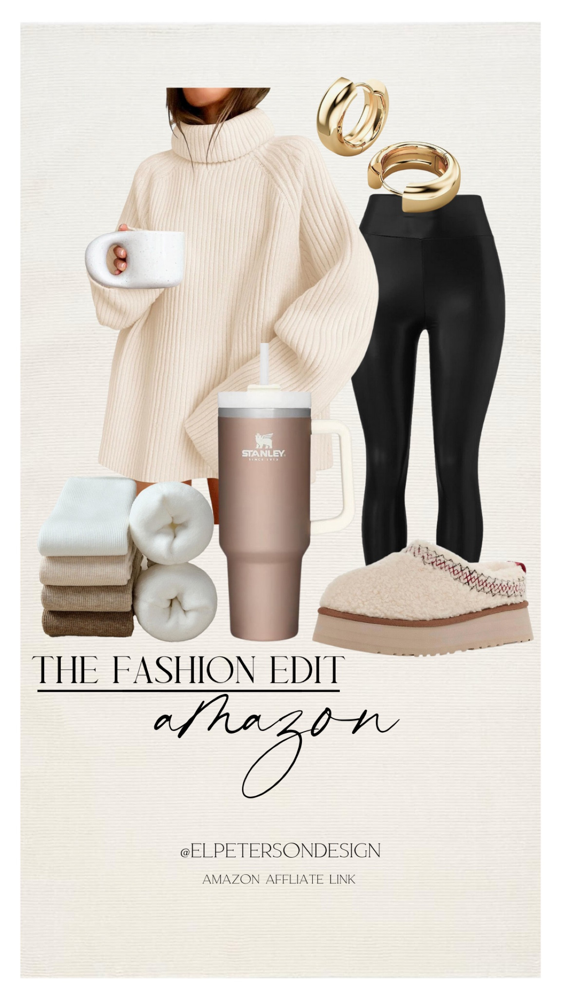 Oversized turtle neck sweater
Leggings
Earrings
Socks
Slippers
Stanley cup 

#LTKfindsunder50