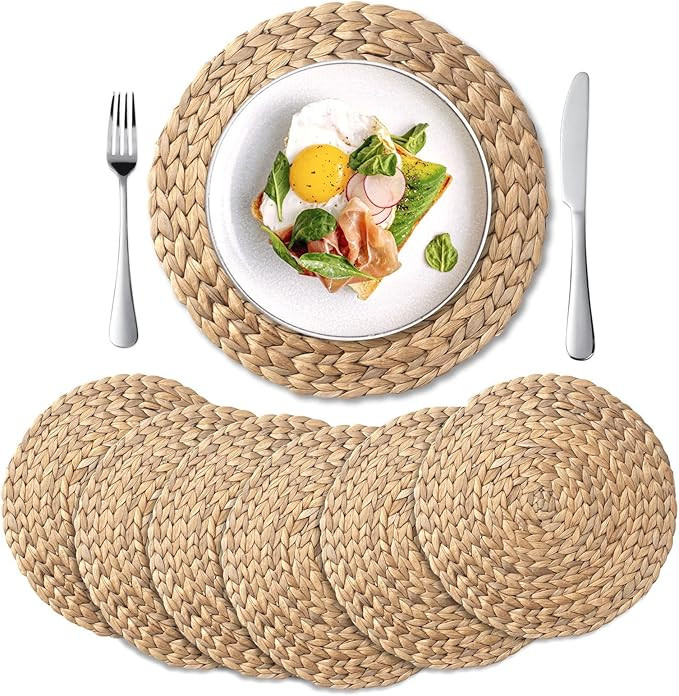 6 Pack, Round Woven Placemats, Natural Water Hyacinth Place mats, Braided Straw Table Mats for Di... | Amazon (US)