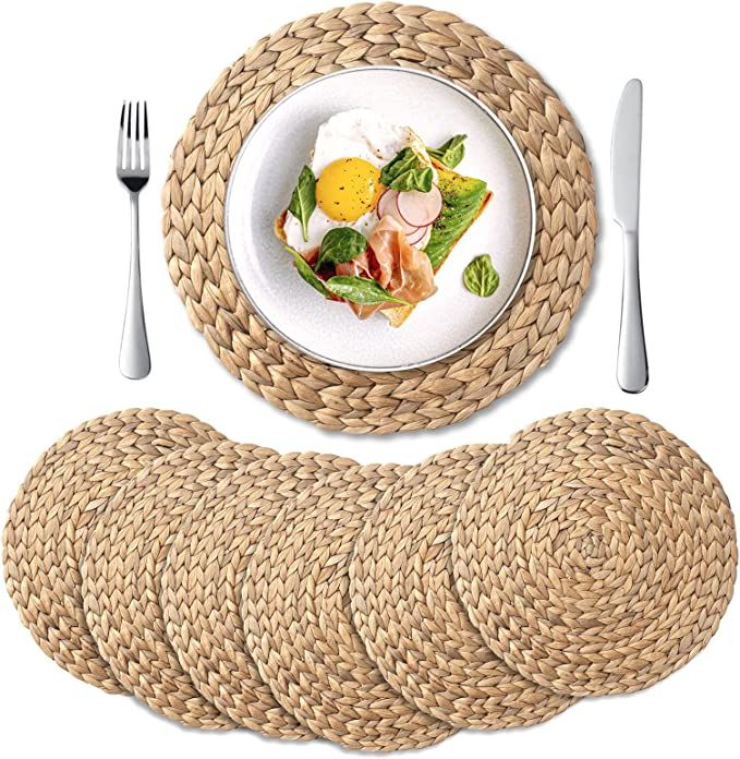 6 Pack, Round Woven Placemats, Natural Water Hyacinth Place mats, Braided Straw Table Mats for Di... | Amazon (US)