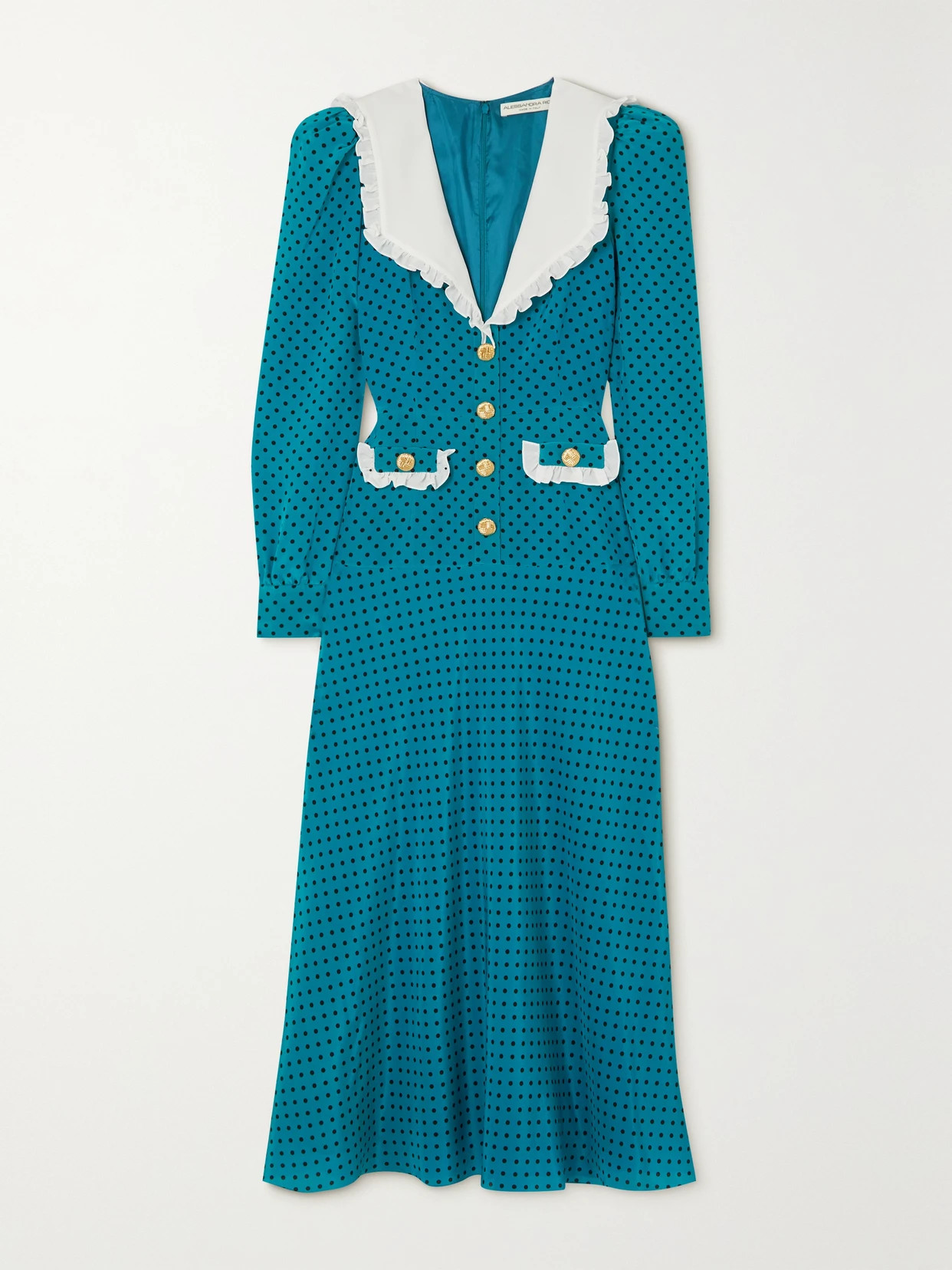Alessandra Rich - Chiffon-trimmed Button-embellished Polka-dot Silk Midi Dress - Blue | NET-A-PORTER (UK & EU)