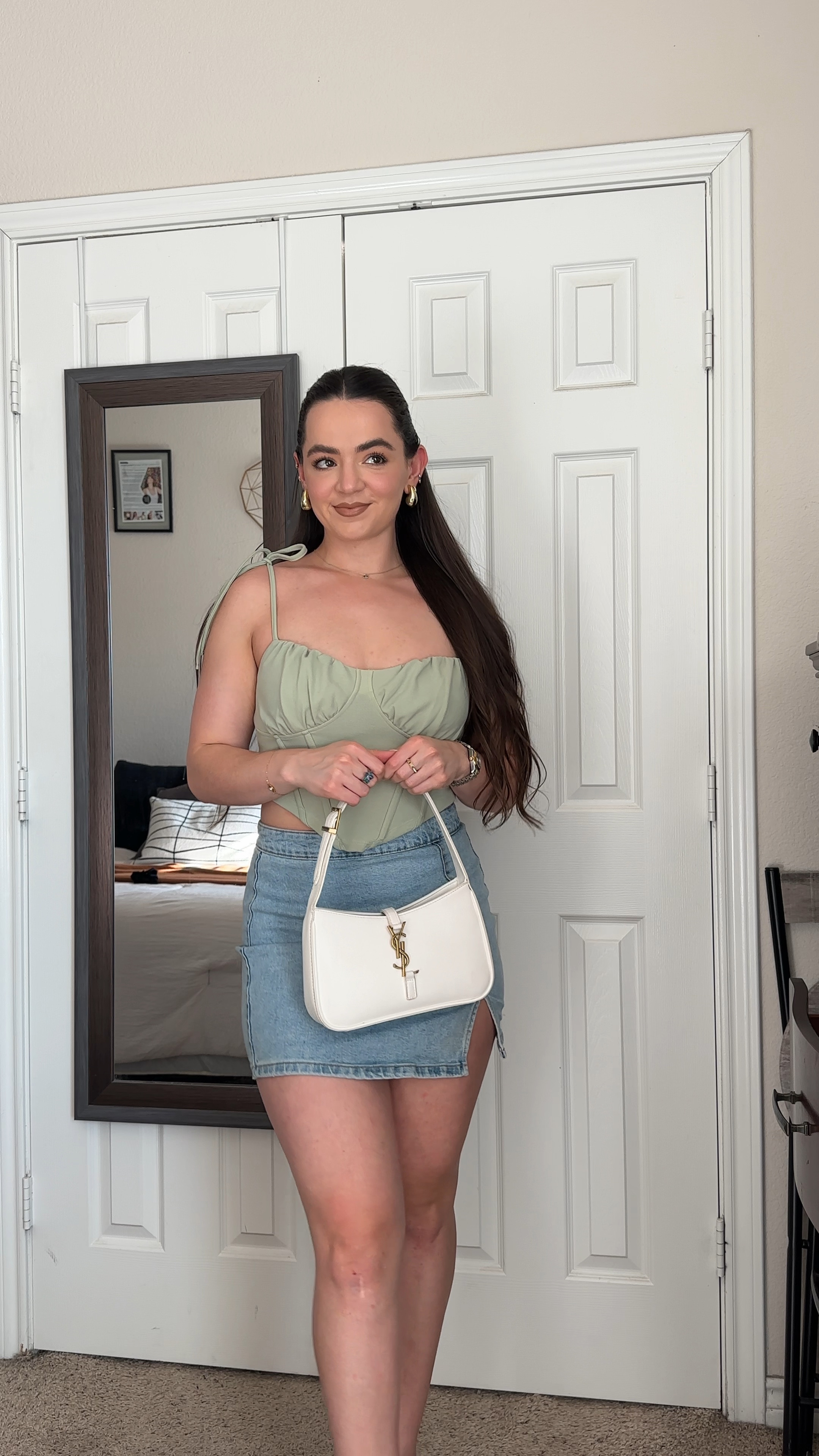 Summer outfit. Denim skirt. Corset top. Green top. Brunch outfit. Vacation outfit. Mini skirt. Comfortable heels  

#LTKFindsUnder50 #LTKStyleTip #LTKVideo