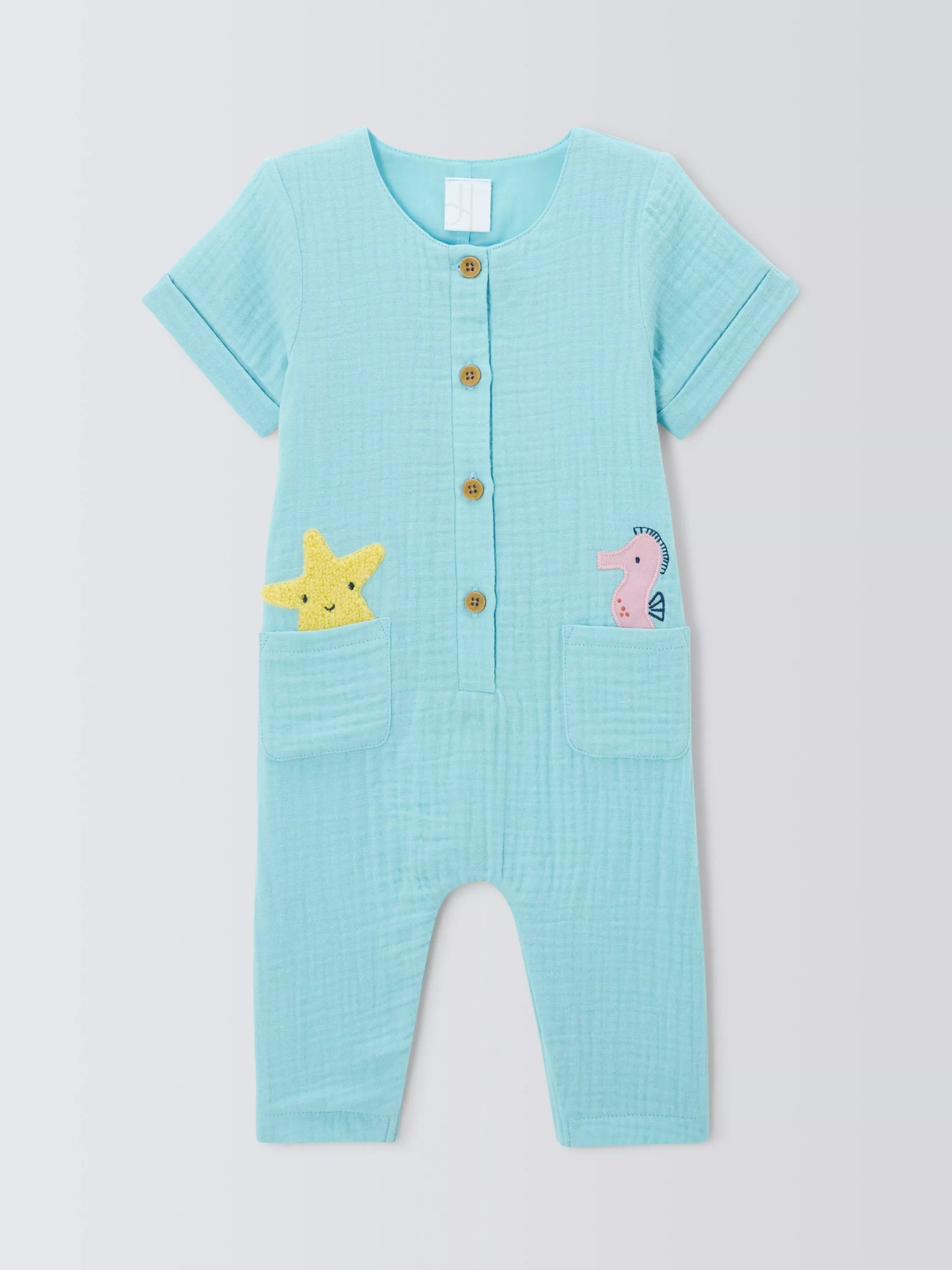 John Lewis Baby Character Muslin Romper, Blue | John Lewis (UK)
