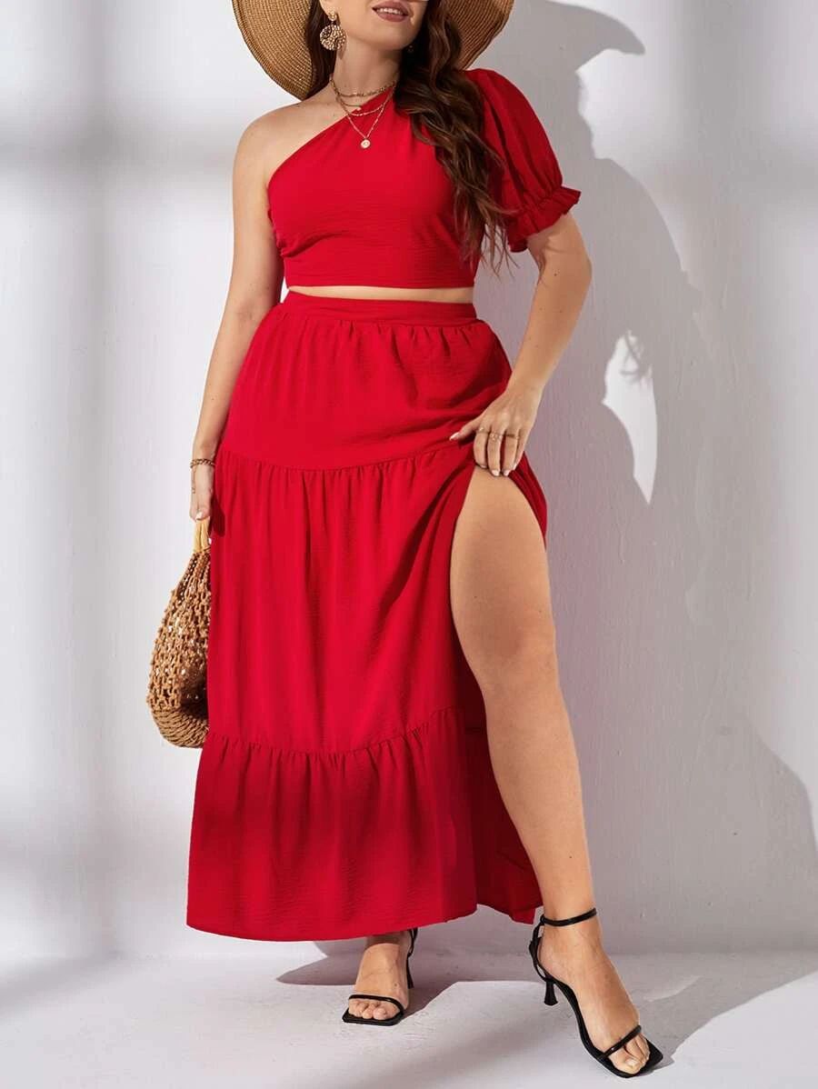 HomeWomen Plus ClothingPlus Size Co-OrdsSHEIN VCAY Plus One Shoulder Crop Top & Split Thigh Skirt... | SHEIN