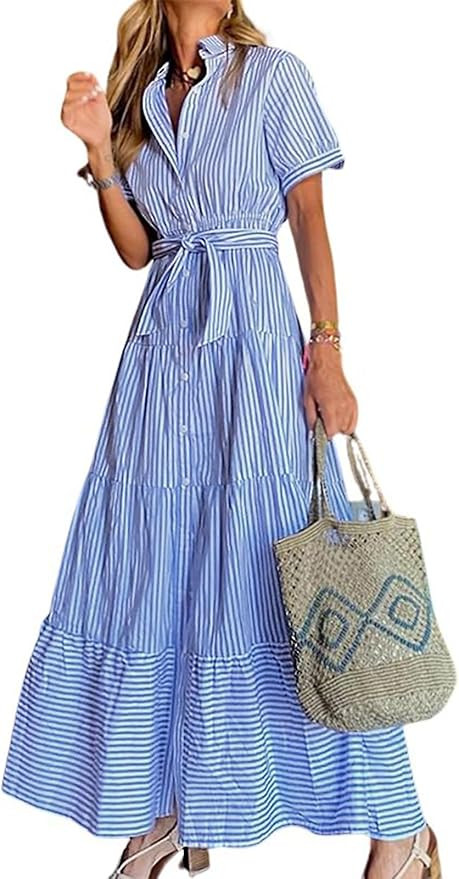 utcoco Womens Casual Short Sleeve Button Down Tie Waist Ruffled Striped Maxi Shirt Dress | Amazon (US)
