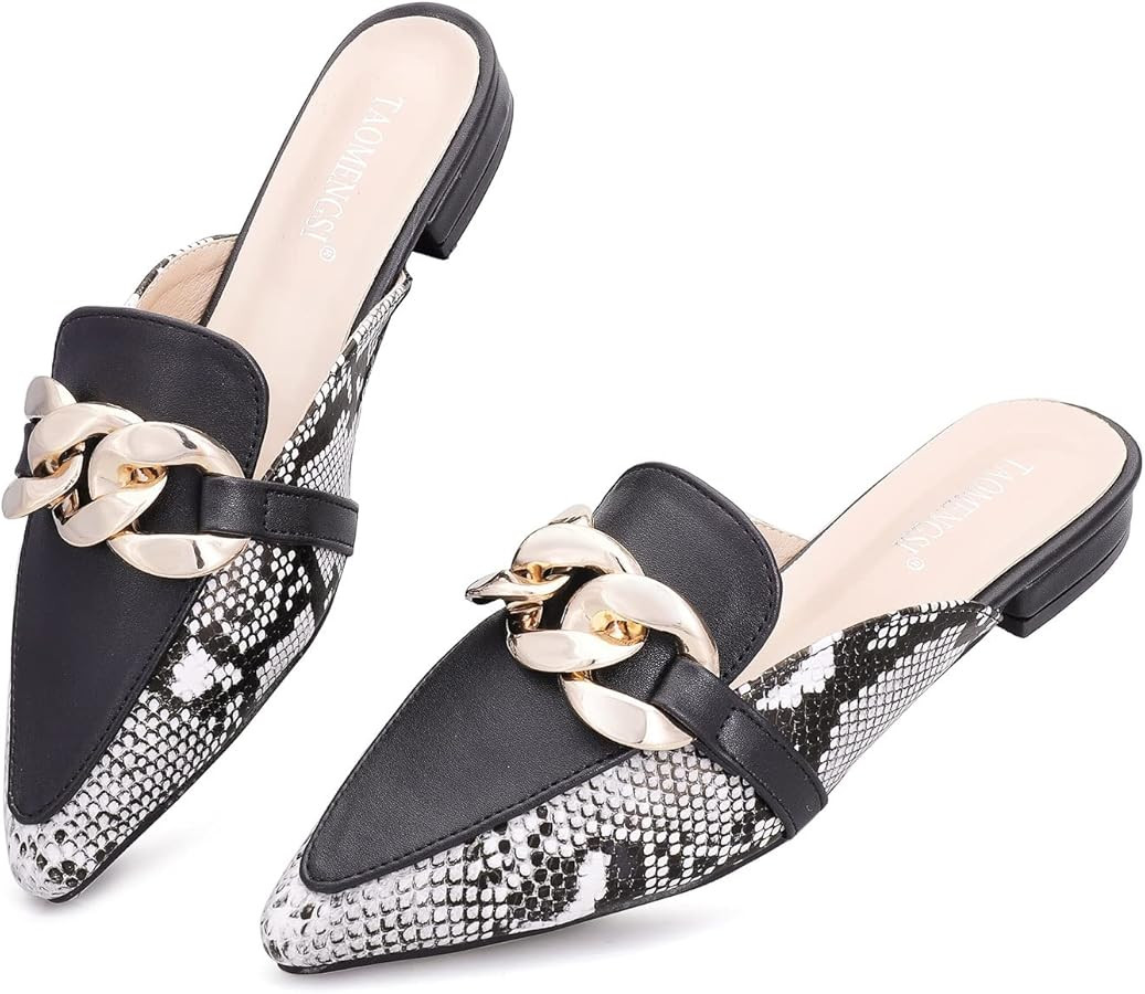 Mules for Women Chain Pointed Toe Flat Slides Mules - Slip on Comfortable Leather Women's Mule Sh... | Amazon (US)
